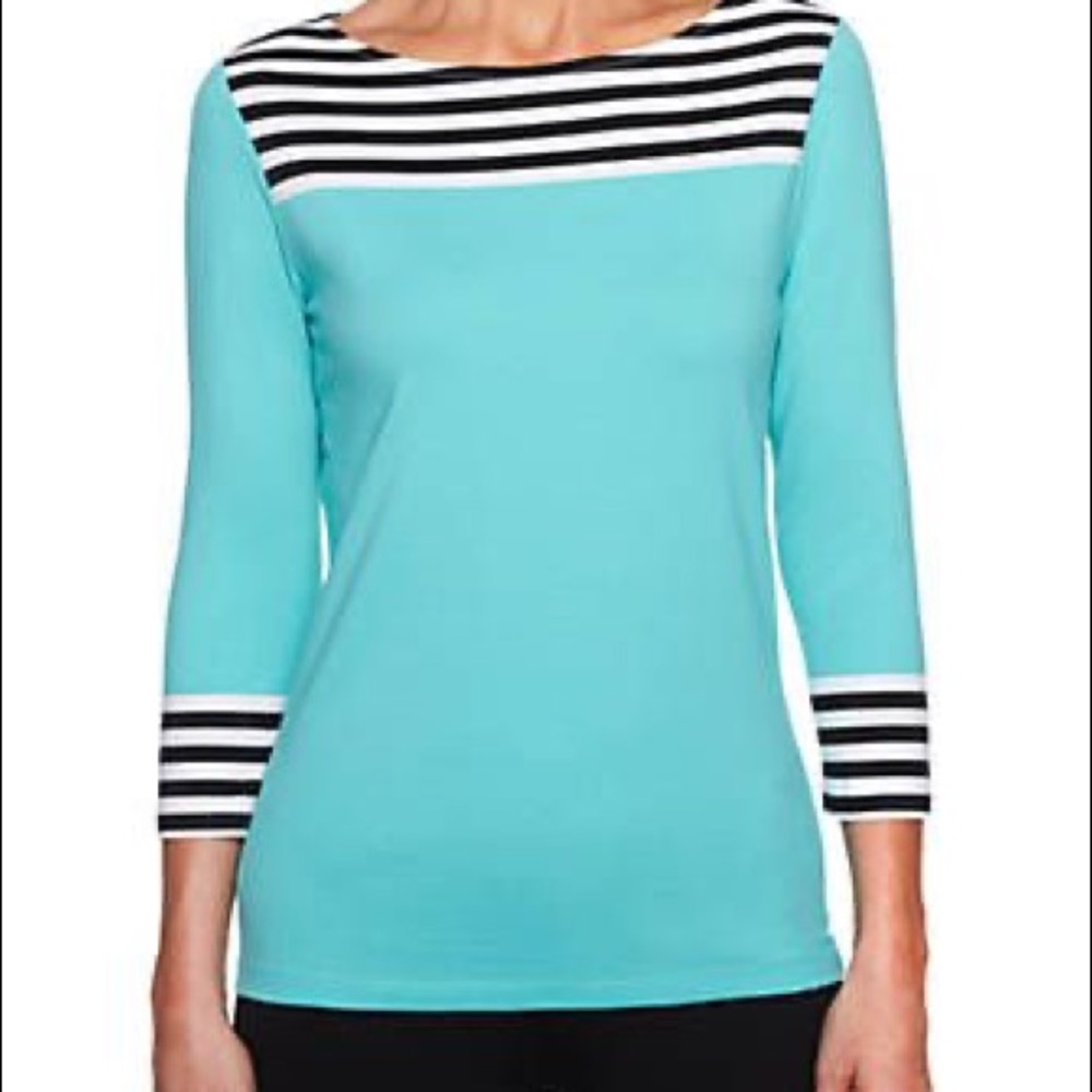 Ruby Rd. Turquoise Stripes 3/4 Sleeve Shirt Top XL